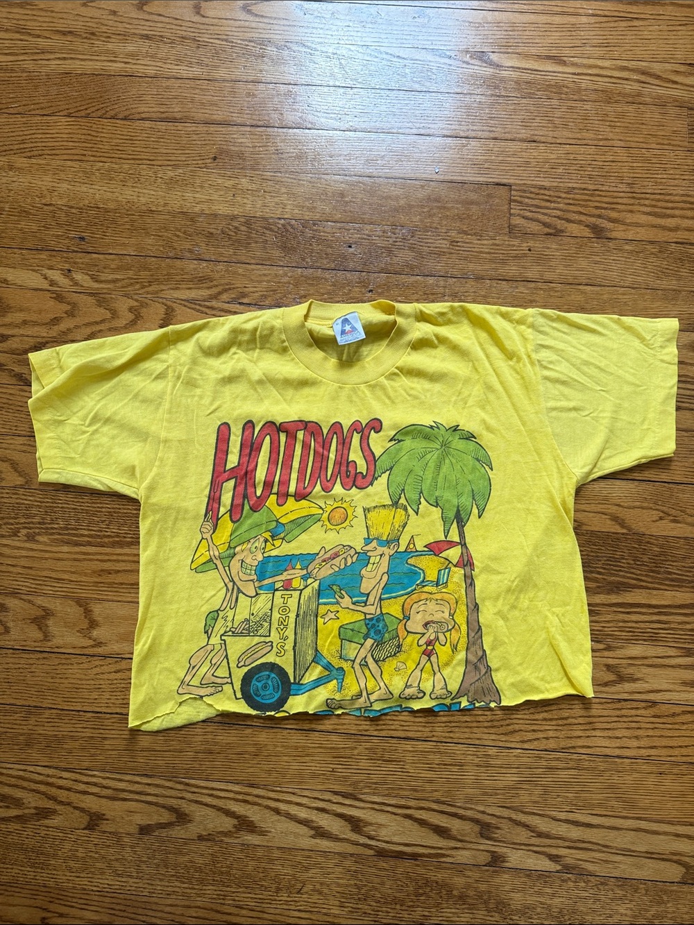 Vintage crop top yellow hotdog t shirt size M (50/50 cotton poly)